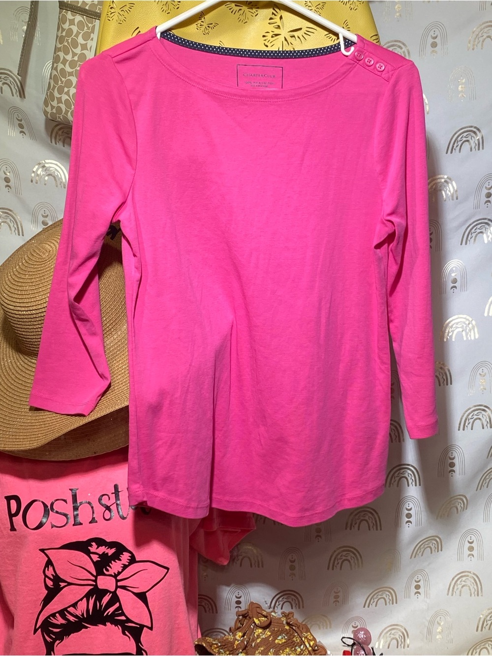 Charter Club Hot Pink Long Sleeve Button-Shoulder Tee